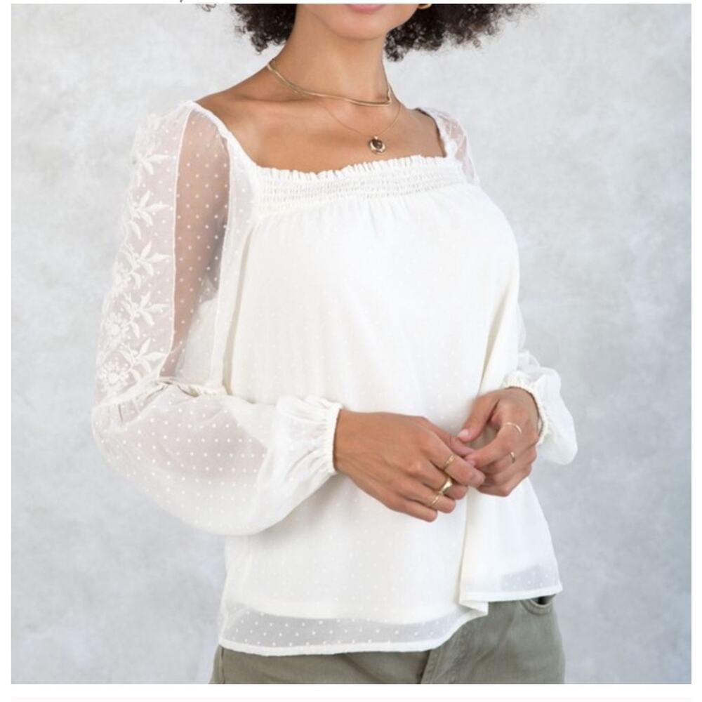 Lovestitch Women’s Sz M & L Ivory Polka Dot Blouse Lined Bodice Square Neck